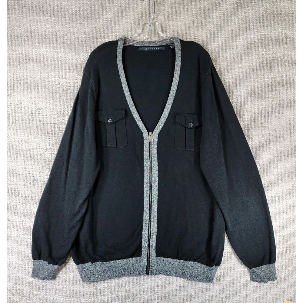 Sean John Zip Cardigan Sweater Mens 3XL Black V-Neck Knit Cotton‎ Pockets
